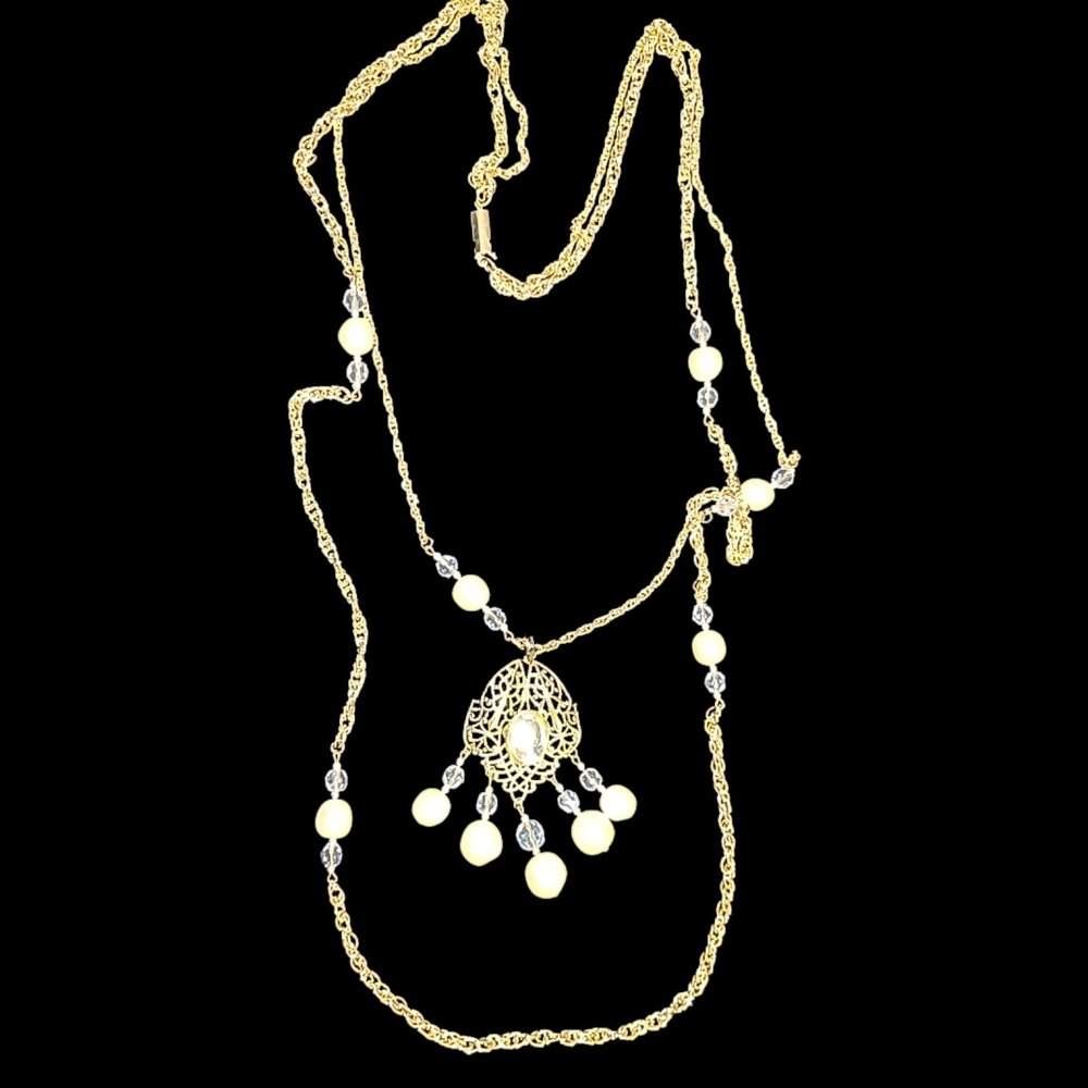 Vintage Gold Tone Faux Pearl Crystal Filigree Pendant Long Necklace 28 Statement